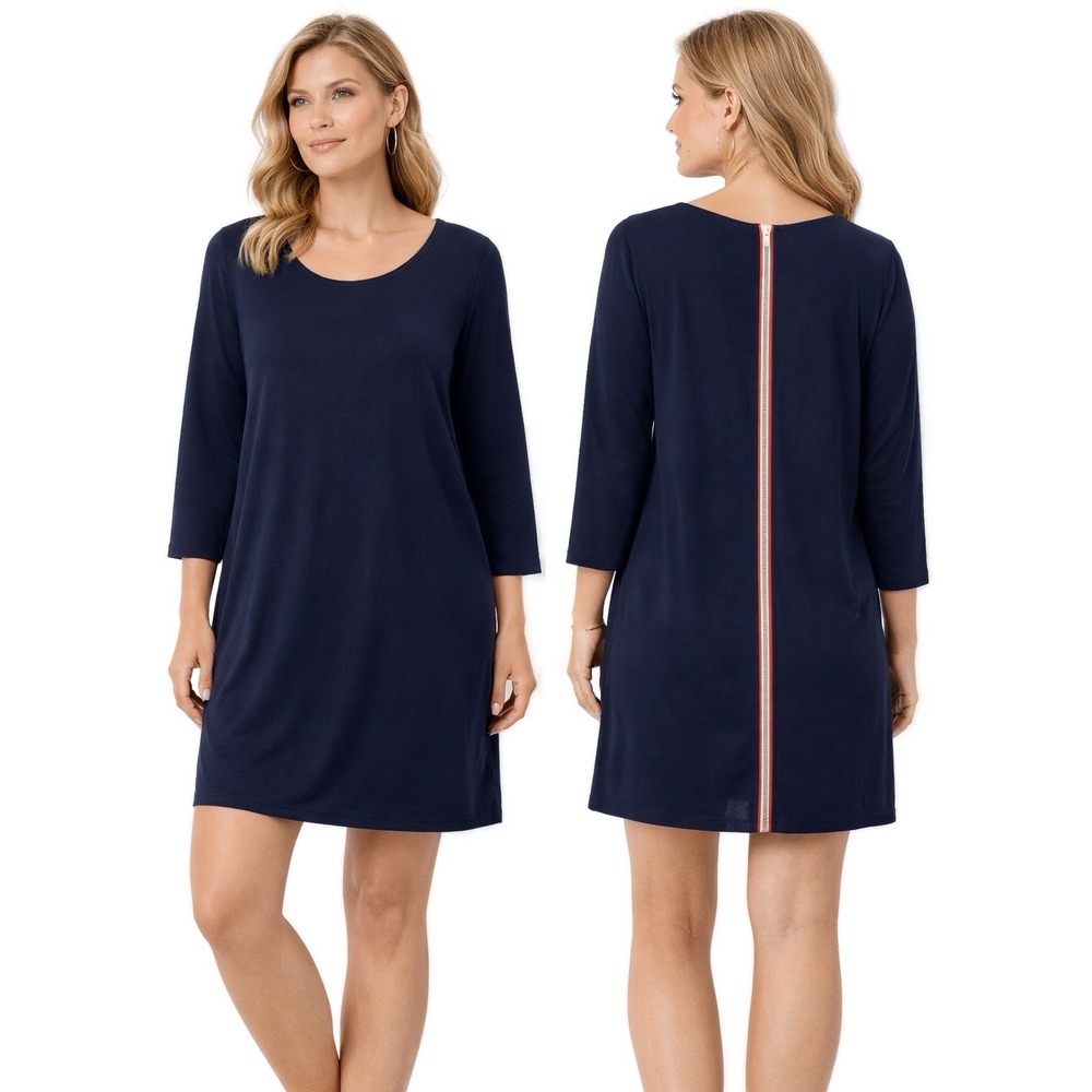 Soft Surroundings Navy Blue Shift Dress XL 3/4 Sleeve Back Zip NWT Casual Travel